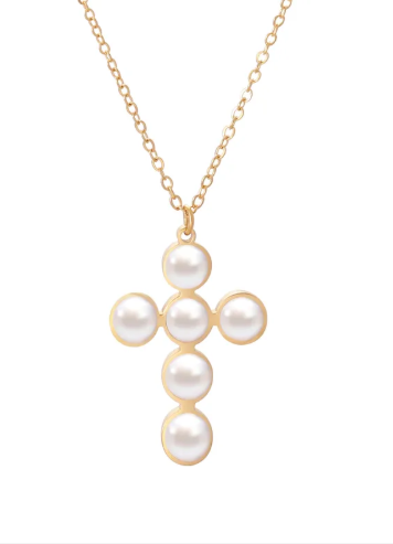 Collar con dije de cruz con perlas. Color dorado.